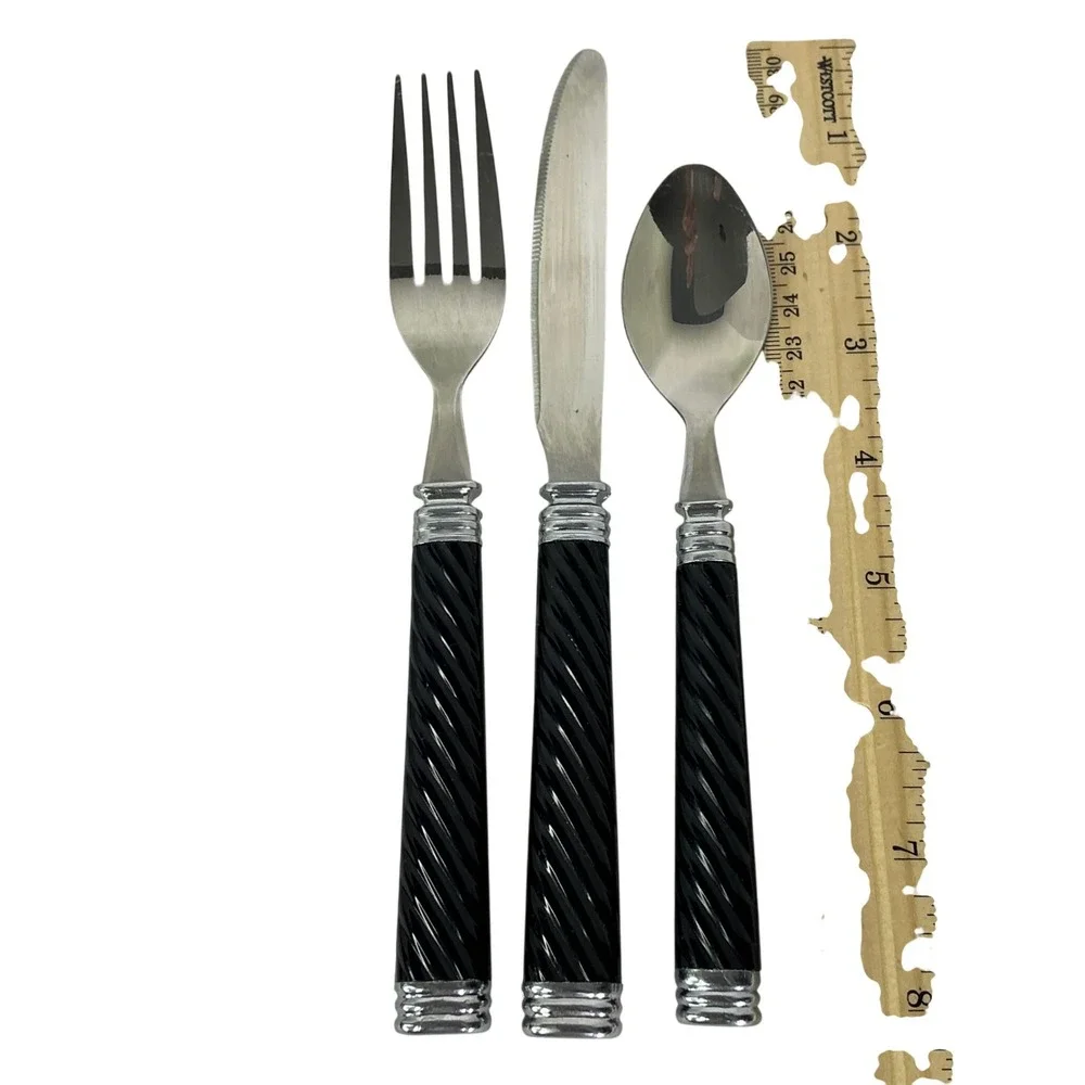 Vtg Stainless Taiwan Black Spiral Handle Flatware Set 30 Knives Forks Spoon MCMs